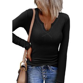 Zeagoo Womens Long Sleeve Shirts V-Neck Slim Fitted Knit Top Stretch Ribbed Basic Tee Casual Y2k Going Out T-Shirt