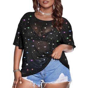 Buauty Plus Size Glitter Sheer Mesh Tops for Women Summer Black See Through T Shirt 2024 Sparkly Sexy Country Concert Outfits