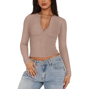 REORIA Double Lined Quarter Zip Sexy V Neck Long Sleeve Cropped Top Going Out Tops for Womens Fall Fashion 2024