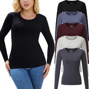 Women's 5 Piece Long Sleeve Shirts Crop Tops Fall Winter Fashion Underscrubs Layer Slim Fit Y2K Tops