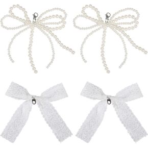4 Pcs Pearls Lace Bow Shoe Charms For Sneakers Decorations Bowknot For Dress Shoes Buckle Pearl Beaded Chain Coquette Aesthetic DIY Shoe Lace Sneakers Accessories For Women Jewelry Keychain Bag Car Charms