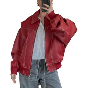 Gihuo Women's Oversized Faux Leather Jacket Fashion Zip Up Motorcycle Jackets Moto Biker Coat Fall Winter Outfits