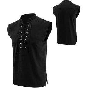 Men's Cotton Linen Tank Top Shirt Pirate Renaissance Costume Sleeveless Lace Up Vest Medieval Gothic Viking Tee Tunic