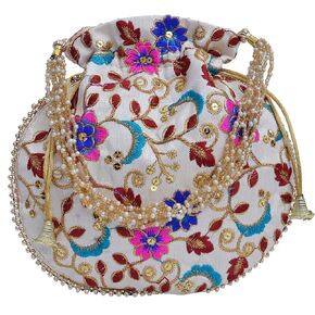 Indian Embroidered Potli Bag for Women's Embroidered Silk Batwa Pearl Handle Clutch Purse Evening Party Wedding Gifts for Her