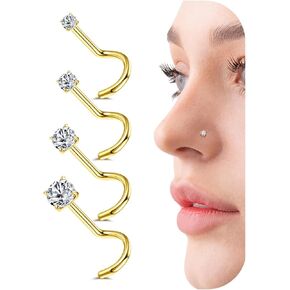 Besteel 4 Pcs 14k Gold Filled Nose Ring Stud 20g 1.5-3mm Round CZ Simulated Diamond Nose Stud Piercing Jewelry L Shaped Screw