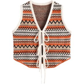 MakeMeChic Women's Striped V Neck Tie Front Sleeveless Knit Cropped Sweater Vest Top