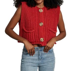 سترة نسائية من الكروشيه بدون أكمام، سترة كاجوال عصرية بأزرار سفلية مفتوحة من الأمام مع جيوب in Kuwait