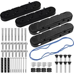 Tall Valve Covers Compatible with Chevy Small Block V8 4.8 5.3 5.7 6.0 6.2 7.0 LS LS1 LS2 LS3 LS6 LS7 Finned Aluminum w/Coil Mounts & OverCover (Black)