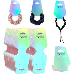 200 PCS Bracelet Holographic Display Cards Sturdy Necklace Holder Cards Self Adhesive Jewelry Packaging Selling Card for Small Business of Keychain Earring Hair Band and Scrunchies Hanging