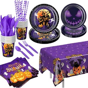 Halloween Party Supplies: Halloween Party Decorations 129 PCS - Disposable Paper Plates Tableware Napkins Cups for Kids Boy Girl Halloween Pumpkin Themed Party Decorations Serve 16