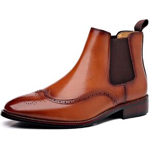 Men's Leather Wingtip Carving Dress Oxford Boots Fashion British Style Pointed Toe Elastic Band Slip On Chelsea Boots Casual Business Formal Ankle Boots