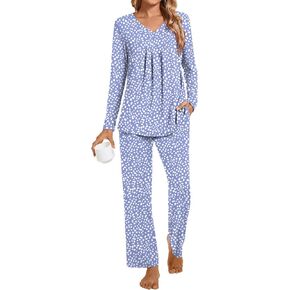 Anyhold Womens Fall Pajama Sets 2 Piece Long Sleeve Pjs, Ladies Sleepwear Pleated Outfits Lounge Set with Pockets in Kuwait