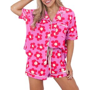 KevaMolly Womens Pajama Sets Pink Flower Print Buttoned Drawstring Waist Lounge Set Short Sleeve Top and Shorts
