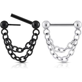 Stuppendux 2PC 16G 1.2 مم أسود فضي مختلط سلسلة الحاجز الفرس حلقة الأنف حلقة هوب النائم القرط الحلزون الرخ الغضروف Daith الزنمة أقراط الأنف ثقب المجوهرات للنساء الرجال طول 8 مم