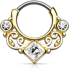 16G Septum Clicker - Lace Swirls w/CZ Gems - Hinged Nose Ring Hoop