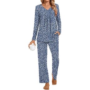 Anyhold Women's Fall 2 Piece Pajama Sets, Pleated Sleepwear Ladies Long Sleeve Lounge Outfits Long Pant Pjs With Pockets
