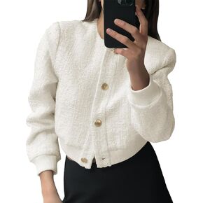 Tankaneo Womens Cropped Tweed Jacket Casual Button Down Long Sleeve Collarless Coats Fall Outerwear