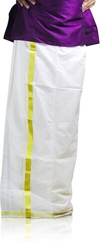 Kerala Double Dhoti/Mundu للرجال من القطن الخالص مع 2 بوصة Golden Kasavu - فستان كيرالا التقليدي in Saudi Arabia