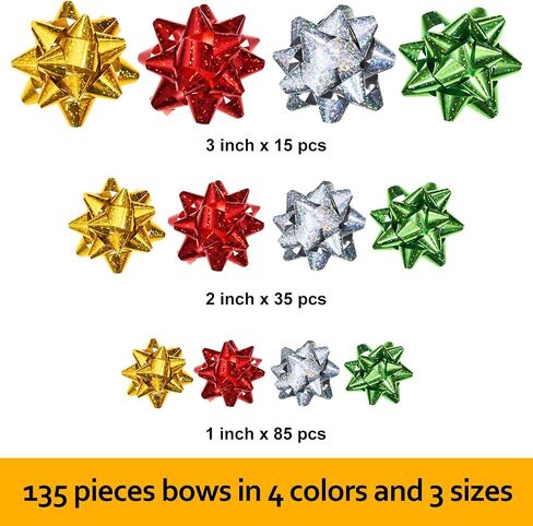 Tatuo 135 Pieces Christmas Colorful Gift Bows Self Adhesive Gift Wrap Bows Metallic Bows for Holiday Christmas Birthday Party Favor, 3 Sizes in Saudi Arabia