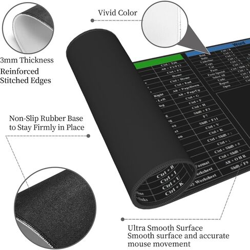Excel Shortcut Keys Mouse Pad, Computer Word Outlook Command Prompt Extended Large XL Cheat Sheet, Non Slip Rubber Base Stitched Edge Gaming Mousepad, PC Office Keyboard Mat 31.5 X 11.8 Inch in Kuwait