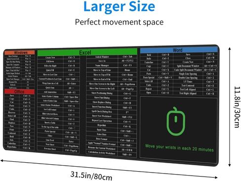 Excel Shortcut Keys Mouse Pad, Computer Word Outlook Command Prompt Extended Large XL Cheat Sheet, Non Slip Rubber Base Stitched Edge Gaming Mousepad, PC Office Keyboard Mat 31.5 X 11.8 Inch in Kuwait