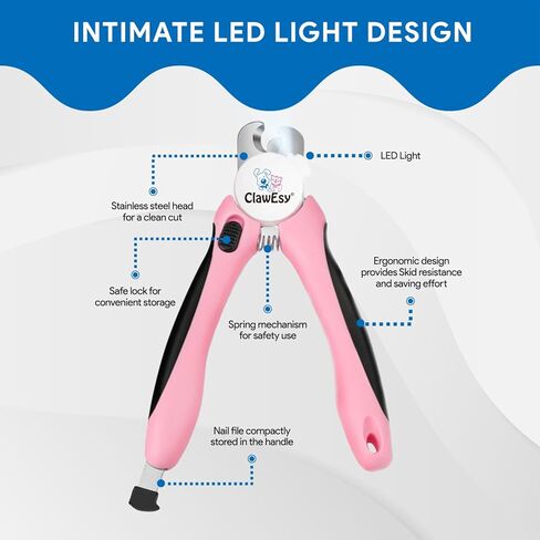 ماكينة قص أظافر الكلاب مع ضوء LED فائق السطوع لسلالة الدم، أداة تشذيب أظافر الحيوانات الأليفة من الفولاذ المقاوم للصدأ مع واقي أمان، مقبض مريح، مبرد أظافر مجاني من أجل حلاقة ناعمة وسهلة. الكلاب والقطط (وردي) in Kuwait