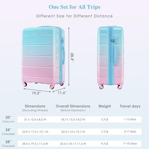 مجموعة حقائب أمتعة من Merax مكونة من 3 قطع مع حامل أكواب، ABS مع عجلات دوارة وقفل TSA، أزرق/وردي، 20/24/28 بوصة in Kuwait