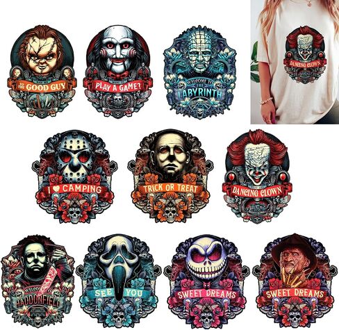 10 PCS Horror Iron on Transfers, Iron on Decals for T Shirts Ready to Press Heat Transfer Designs Iron on Shirt Decals Screen Print Transfers Ready to Press Iron on Decals for Clothing in Saudi Arabia