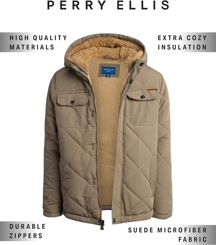 Perry Ellis Boys' Winter Jacket - Suede Microber Quilted Jacket with Hood - Warm Insulated Outerwear Jacket for Boys (8-18) in Saudi Arabia