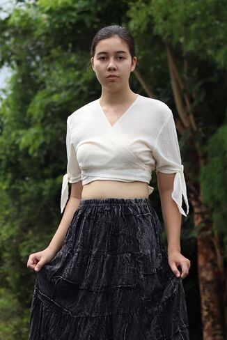 Soft Cotton Ladies Cross Over Bust Wrap Gypsy Pixie Shirt with Tie Sleeves in Kuwait