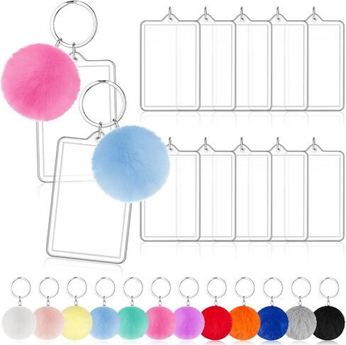 Henoyso 12 Pcs 2 x 3 Inches Picture Frame Keychain Acrylic Photo Keychain Rectangle Acrylic Keychain Blanks with Colorful Fluffy Poms in Saudi Arabia