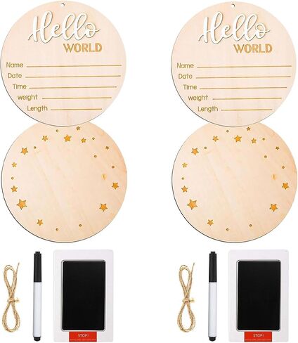 2 Sets Baby Announcement Sign, ​5.9 Inch Wooden Hello World Newborn Signs with Ink Pad for Baby Hand and Footprints, Birth Announcement Sign for Hospital, Baby Shower Keepsakes Photo Prop (White) in Saudi Arabia