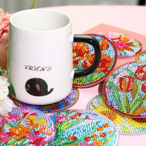 8 قطع من مجموعات قواعد الأكواب الفنية الماسية على شكل زهور، قواعد أكواب مطلية بالألماس مع مجموعة حامل مكونة من 8 قطع، مستلزمات الحرف الفنية لأكواب الشرب للبالغين لديكور المنزل وهدايا تدفئة المنزل غير قابلة للانزلاق 3.9 بوصة in Kuwait