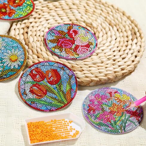 8 قطع من مجموعات قواعد الأكواب الفنية الماسية على شكل زهور، قواعد أكواب مطلية بالألماس مع مجموعة حامل مكونة من 8 قطع، مستلزمات الحرف الفنية لأكواب الشرب للبالغين لديكور المنزل وهدايا تدفئة المنزل غير قابلة للانزلاق 3.9 بوصة in Kuwait