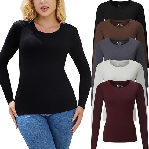 Women's 5 Piece Long Sleeve Shirts Crop Tops Fall Winter Fashion Underscrubs Layer Slim Fit Y2K Tops in Saudi Arabia