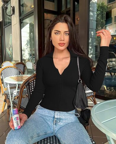 قمصان OQQ للسيدات قطعتين بأكمام طويلة وسحاب، قمصان أساسية مثيرة وجذابة in Kuwait