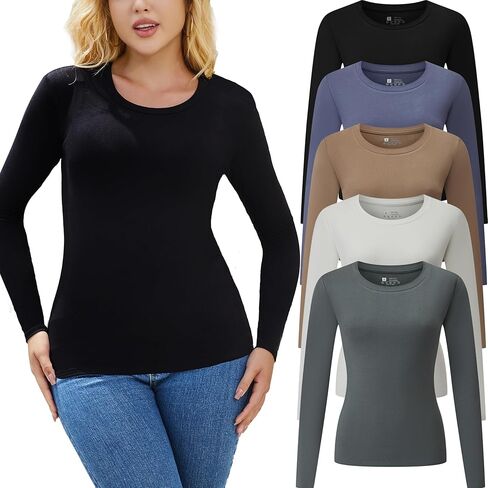 Women's 5 Piece Long Sleeve Shirts Crop Tops Fall Winter Fashion Underscrubs Layer Slim Fit Y2K Tops in Saudi Arabia