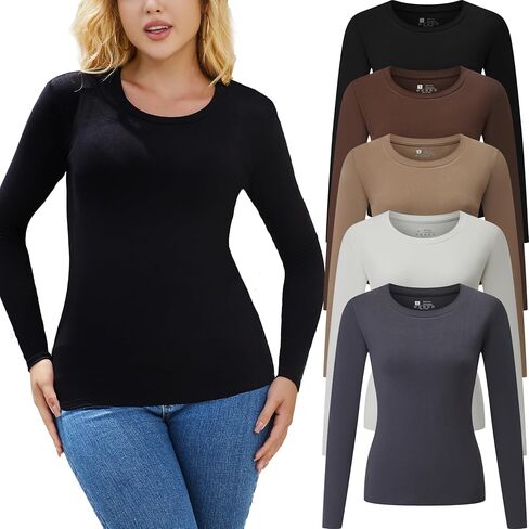 Women's 5 Piece Long Sleeve Shirts Crop Tops Fall Winter Fashion Underscrubs Layer Slim Fit Y2K Tops in Saudi Arabia
