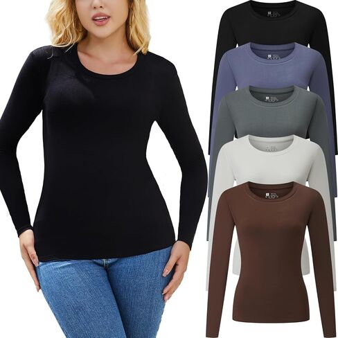 Women's 5 Piece Long Sleeve Shirts Crop Tops Fall Winter Fashion Underscrubs Layer Slim Fit Y2K Tops in Saudi Arabia