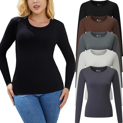 Women's 5 Piece Long Sleeve Shirts Crop Tops Fall Winter Fashion Underscrubs Layer Slim Fit Y2K Tops in Kuwait