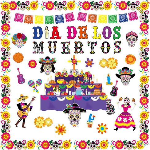 69 Pcs Dia De Los Muertos Bulletin Board Decoration Set,Halloween Day of The Dead Sugar Skull Patterned Paper Cutouts Blackboard Borders for Home School Classroom Chalkboard Wall Decor in Saudi Arabia