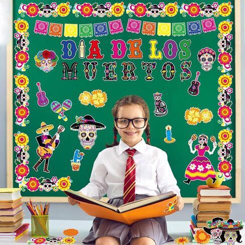 69 Pcs Dia De Los Muertos Bulletin Board Decoration Set,Halloween Day of The Dead Sugar Skull Patterned Paper Cutouts Blackboard Borders for Home School Classroom Chalkboard Wall Decor in Saudi Arabia