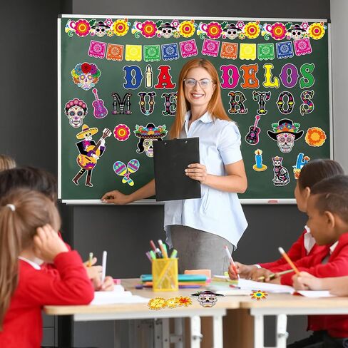 69 Pcs Dia De Los Muertos Bulletin Board Decoration Set,Halloween Day of The Dead Sugar Skull Patterned Paper Cutouts Blackboard Borders for Home School Classroom Chalkboard Wall Decor in Saudi Arabia