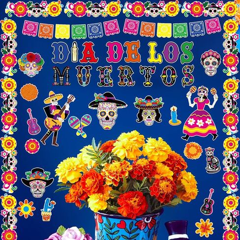69 Pcs Dia De Los Muertos Bulletin Board Decoration Set,Halloween Day of The Dead Sugar Skull Patterned Paper Cutouts Blackboard Borders for Home School Classroom Chalkboard Wall Decor in Saudi Arabia
