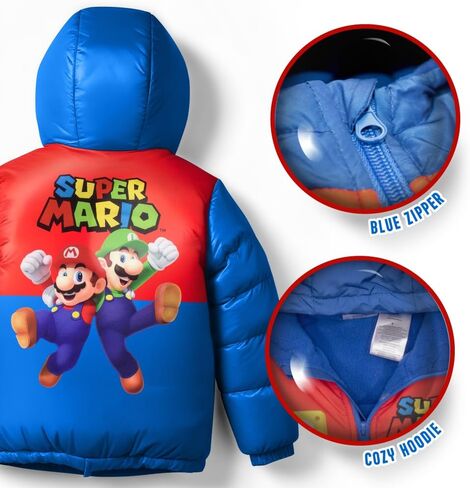 Nintendo Super Mario Bros Winter Jacket for Boys Mario Kart Graphic Print Boys Puffer Winter Coat for Big and Little Kids in Saudi Arabia