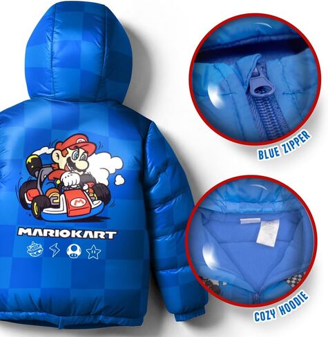Nintendo Super Mario Bros Winter Jacket for Boys Mario Kart Graphic Print Boys Puffer Winter Coat for Big and Little Kids in Saudi Arabia