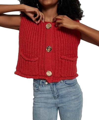 سترة نسائية من الكروشيه بدون أكمام، سترة كاجوال عصرية بأزرار سفلية مفتوحة من الأمام مع جيوب in Kuwait