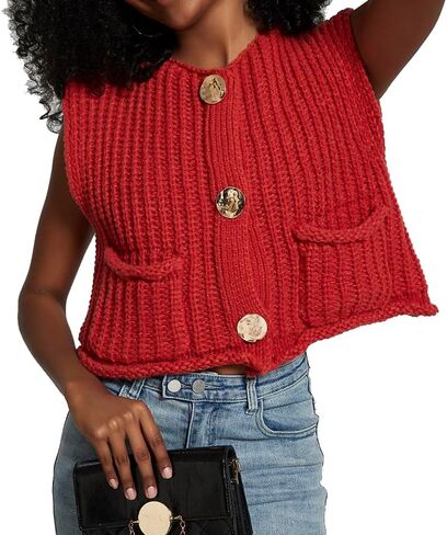 سترة نسائية من الكروشيه بدون أكمام، سترة كاجوال عصرية بأزرار سفلية مفتوحة من الأمام مع جيوب in Kuwait