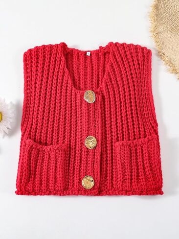 سترة نسائية من الكروشيه بدون أكمام، سترة كاجوال عصرية بأزرار سفلية مفتوحة من الأمام مع جيوب in Kuwait