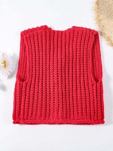 سترة نسائية من الكروشيه بدون أكمام، سترة كاجوال عصرية بأزرار سفلية مفتوحة من الأمام مع جيوب in Kuwait